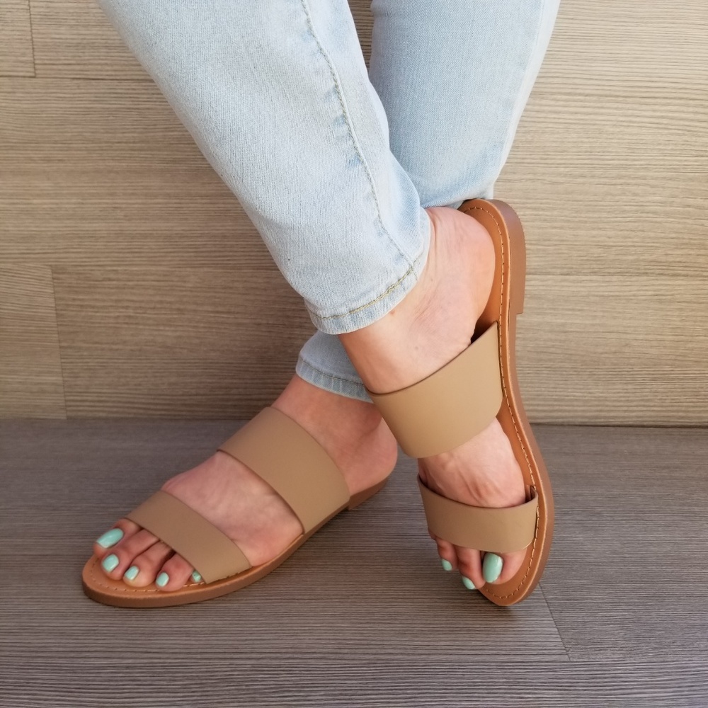 Slip On 2 Strap Flat Sandal Tan Faux Leather-E - Picture 6 of 8